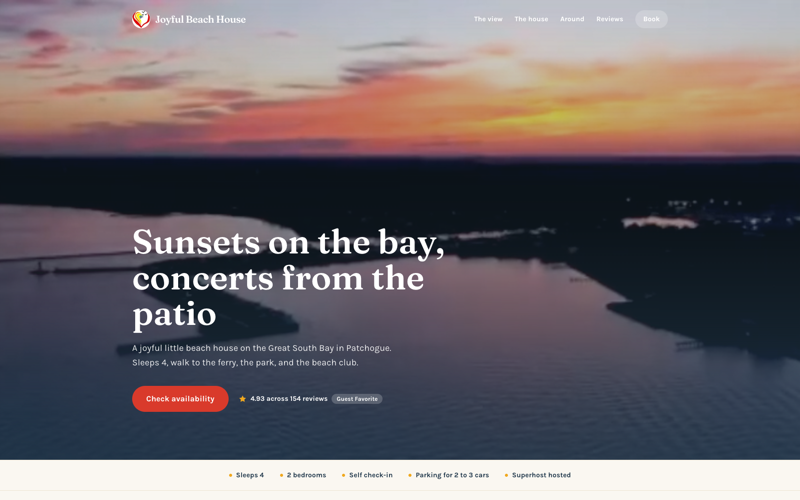 Screenshot of the Joyful Beach House booking website at abhliving.com