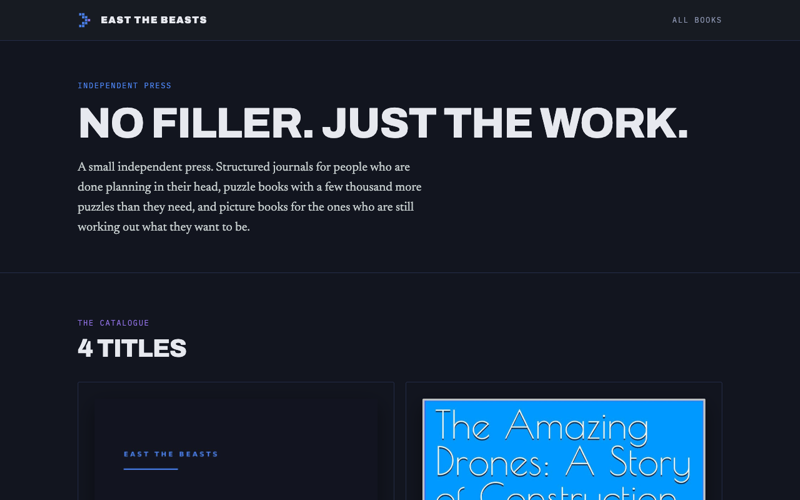 Screenshot of the East the Beasts publishing website