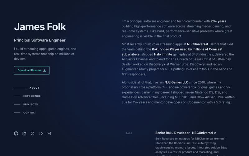 Screenshot of jamesfolk.me, the founder's resume site
