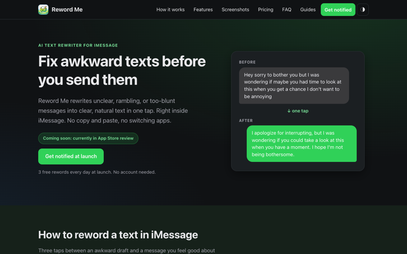 Screenshot of the Reword Me website